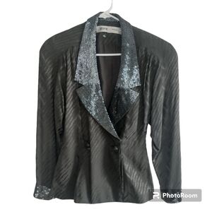 D'ore Silk Vintage Grey Animal Print Abstract Sequins Collar Blazer 6